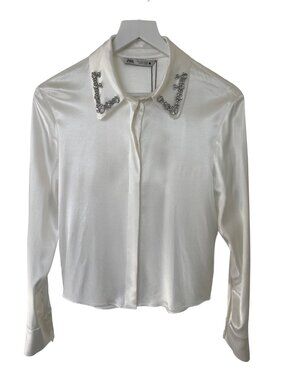 Zara White Satin Jewel Collar Button-Down Shirt
